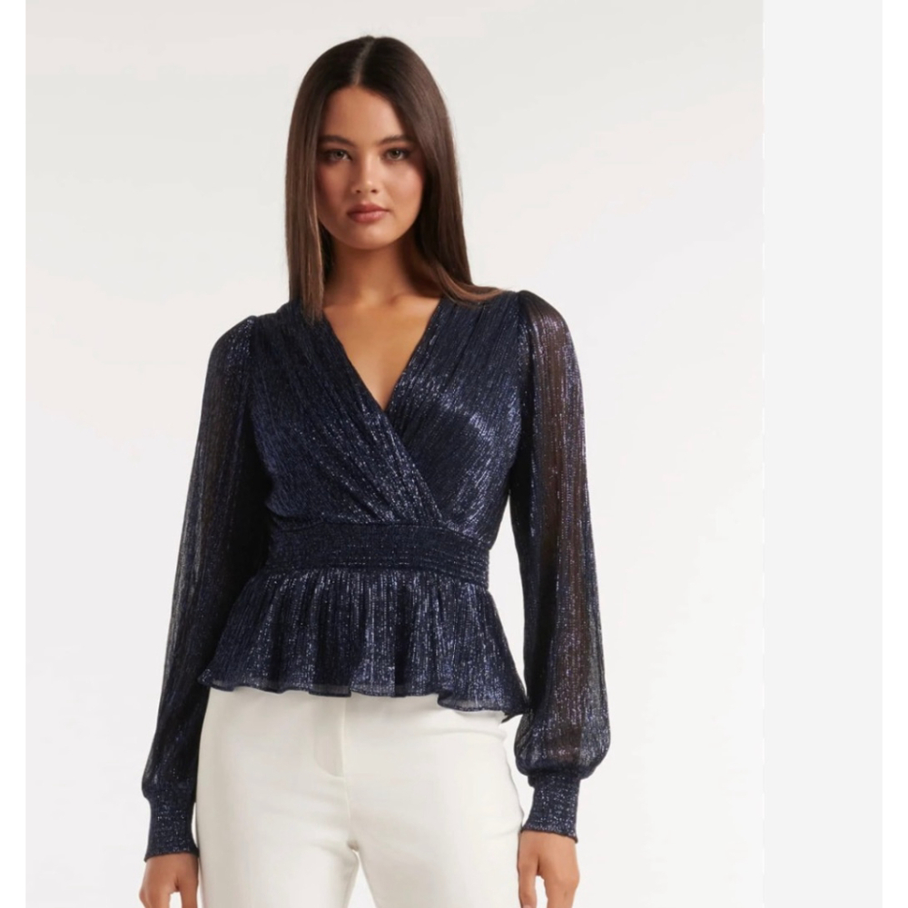 Ever New Hailey Plisse Wrap Top Navy Shimmer V-Neck Peplum S Going Out Fairy